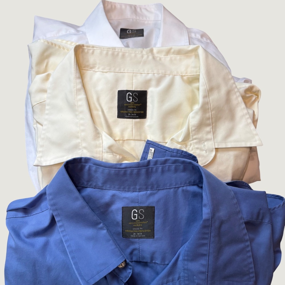 Lot of 3 GS Mens Dress Shirts 20 34/35 Classic Fit Wrinkle Free Cotton Pocket